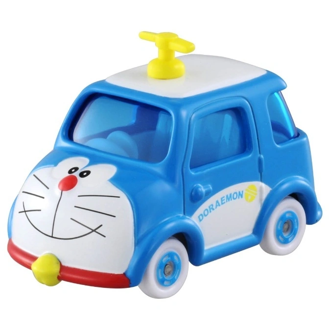 Doraemon toy car with a yellow propeller on top.
