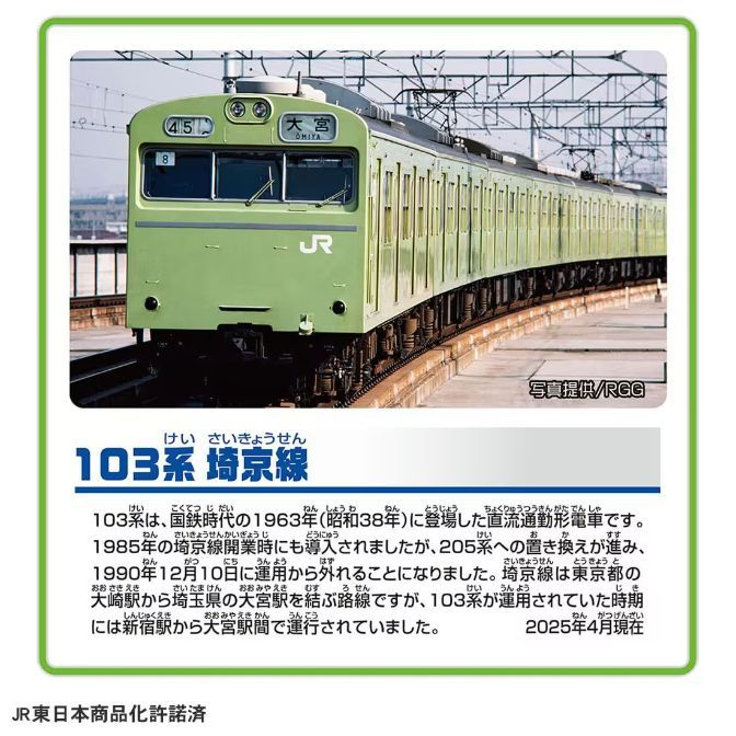  A promotional image of the 103 series train on the Saikyo Line, featuring a green train with the JR logo and Japanese text describing the train's history and usage.