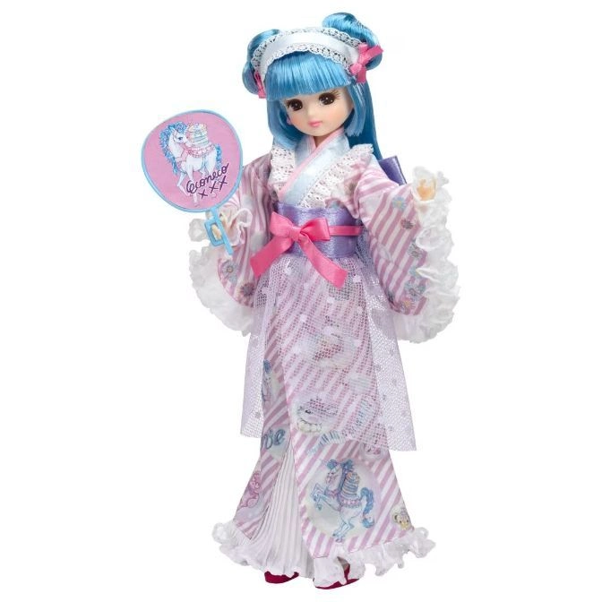 Blue-haired doll in kimono with fan. Features pink bow and unicorn design.