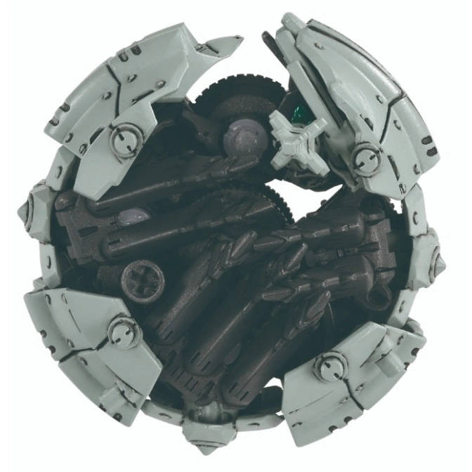  Sphere-shaped toy with gray panels and dark inner mechanisms, resembling a mechanical orb.