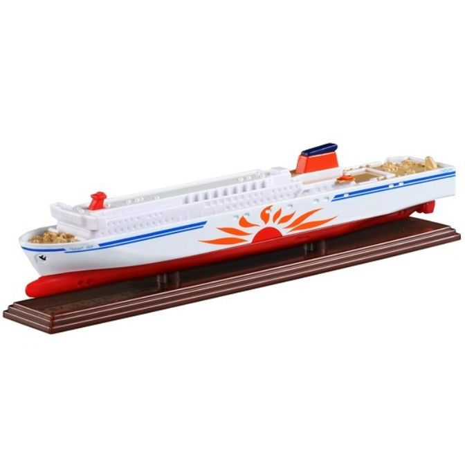 Toy ferry boat on a wooden stand, white with red accents and a sun graphic.