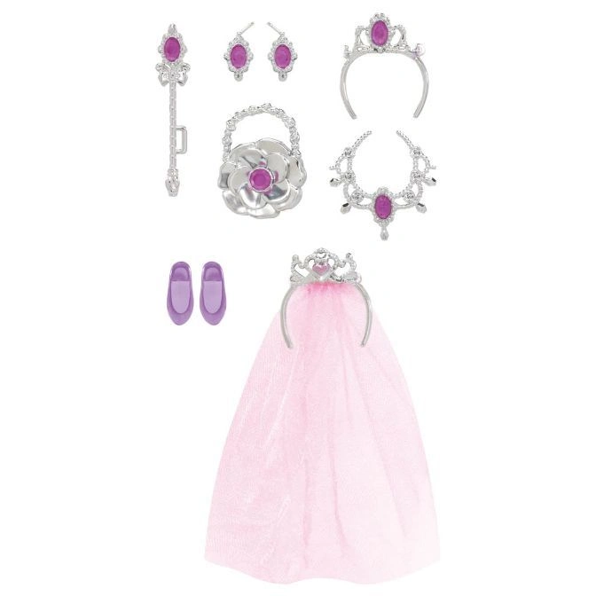  Toy princess dress-up set with tiaras, jewelry, wand, purse, and shoes.