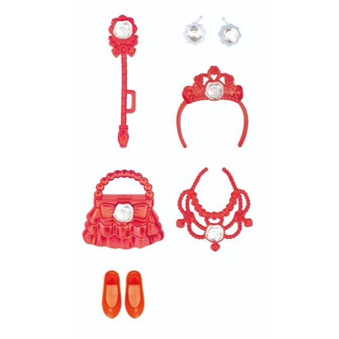  Red toy princess accessories: wand, tiara, purse, necklace, shoes, and earrings.