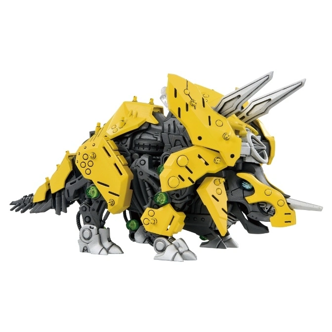 Yellow and gray robotic triceratops toy with silver horns and green accents.