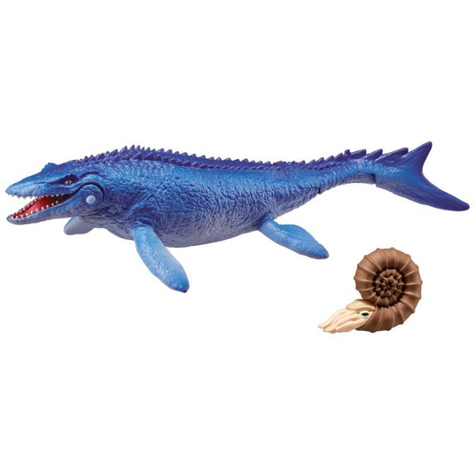 Blue mosasaur toy with an ammonite. The mosasaur has visible teeth and fins.