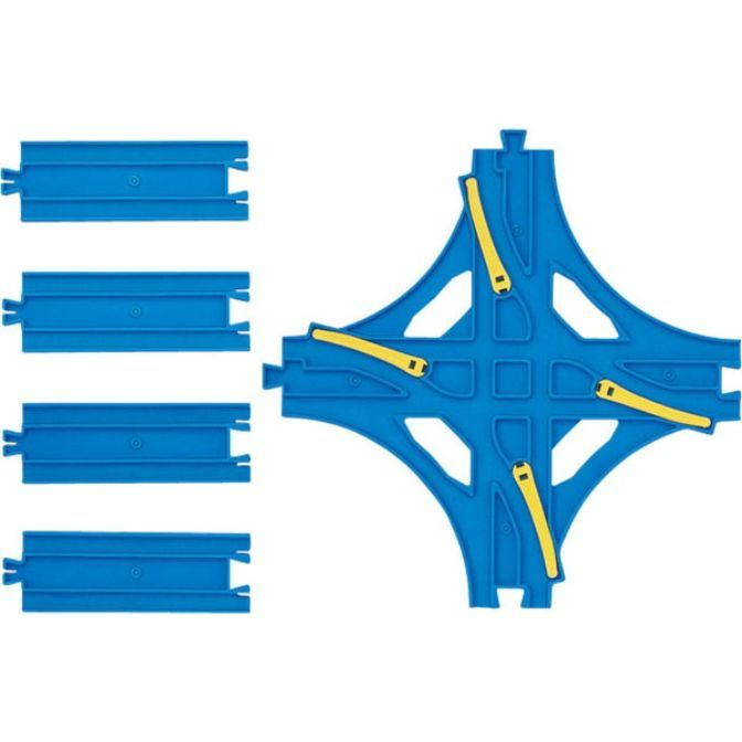 Blue plastic toy train tracks, including four straight pieces and one cross-shaped piece with yellow levers.