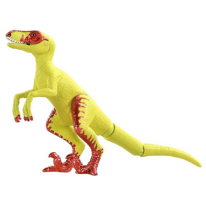  Yellow and red toy dinosaur with articulated tail, standing on two legs.