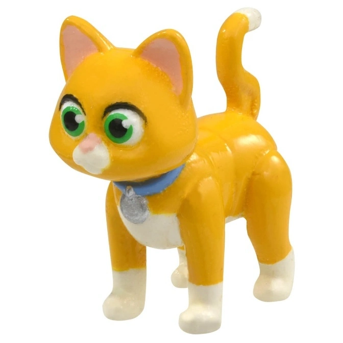 Orange toy cat with green eyes, blue collar, and white paws standing.