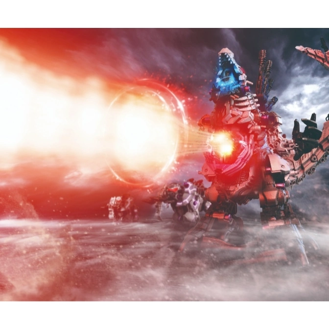  Zoids Death Saurer toy firing a beam, with other Zoids in a smoky landscape.