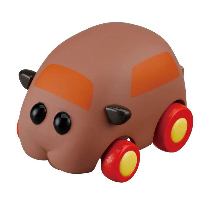 Brown guinea pig toy car with orange windows and red wheels.