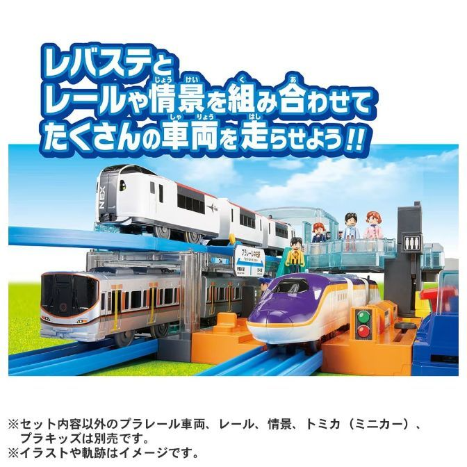  A toy train set with three trains on different levels of tracks. The top train is white with a red stripe, the middle train is silver with orange stripes, and the bottom train is purple and white. There are also toy figures standing on a platform.
