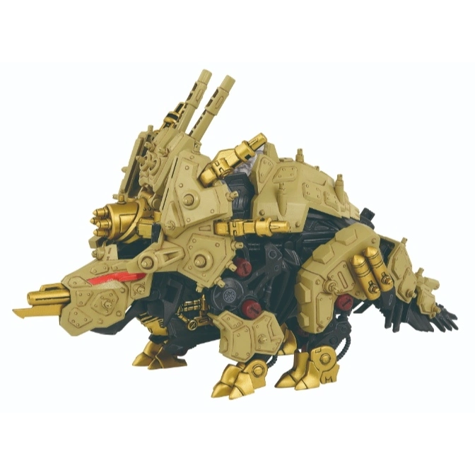 Zoids toy model of a triceratops with gold armor and weapons.