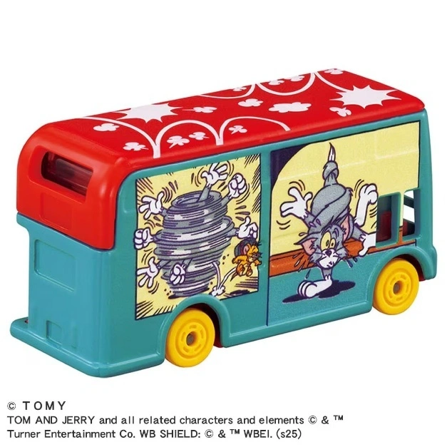  Tom and Jerry bus toy with cartoon graphics, red roof, teal body, and yellow wheels.