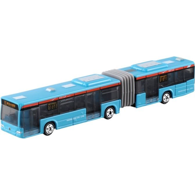 Blue articulated toy bus with black windows and red stripe.