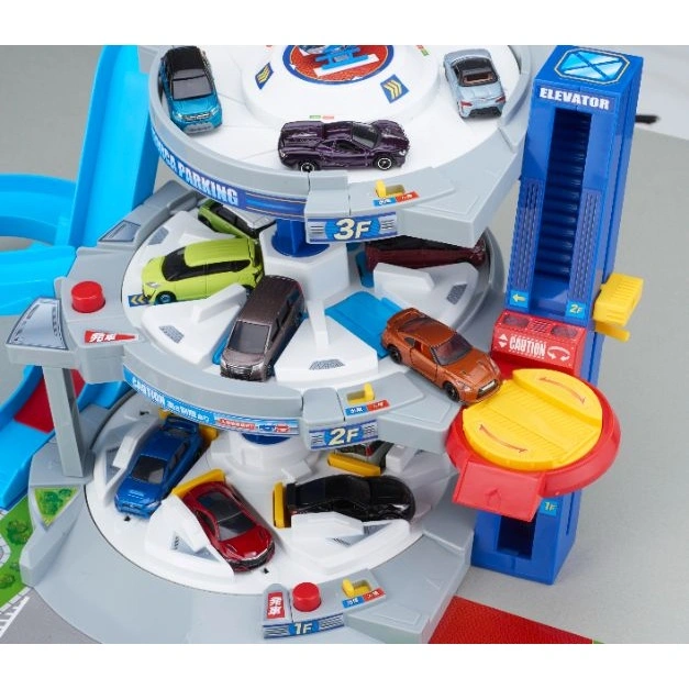  Toy parking garage with multiple levels, cars, elevator, ramps, and interactive buttons.