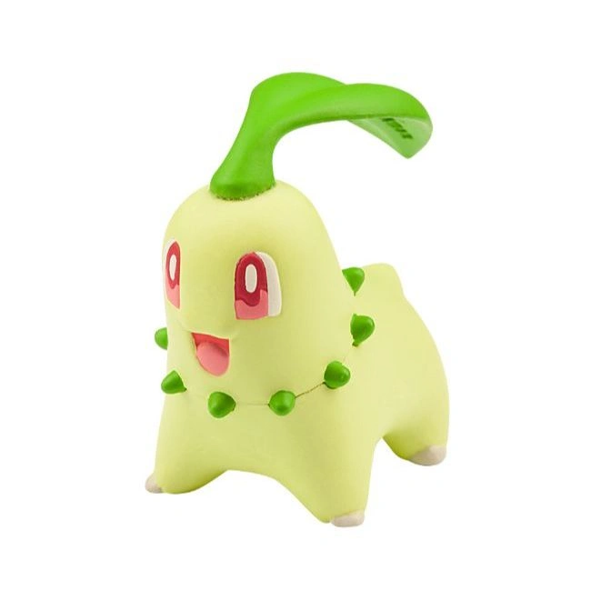 Chikorita toy figure with green leaf and beaded necklace.