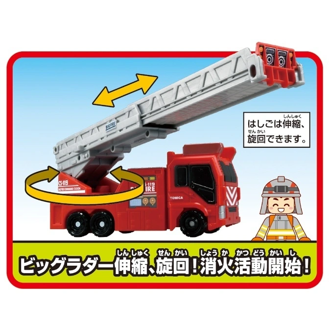  Toy fire truck with extending ladder and rotating base, featuring a firefighter figure.