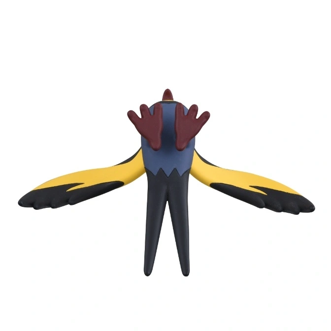  Bird toy with yellow wings, blue body, and maroon feet, viewed from the back.