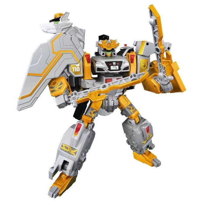 Robot toy with car chest, shield arm, and bow weapon. Gray and gold color scheme.