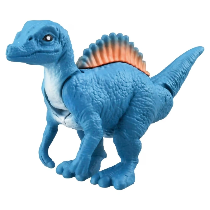  Blue dinosaur toy with orange fin on its back, standing.
