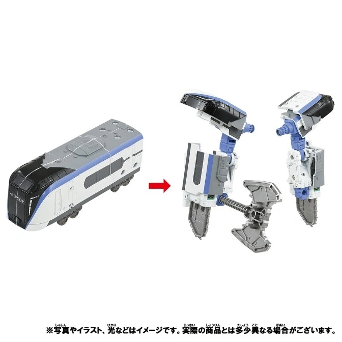  Toy train transforming into a robot with axe weapon, showing transformation process.