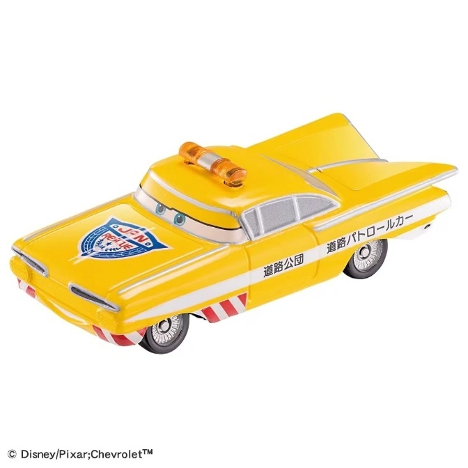 Yellow Disney Cars toy of a Japanese patrol car with light bar and eyes on the windshield.