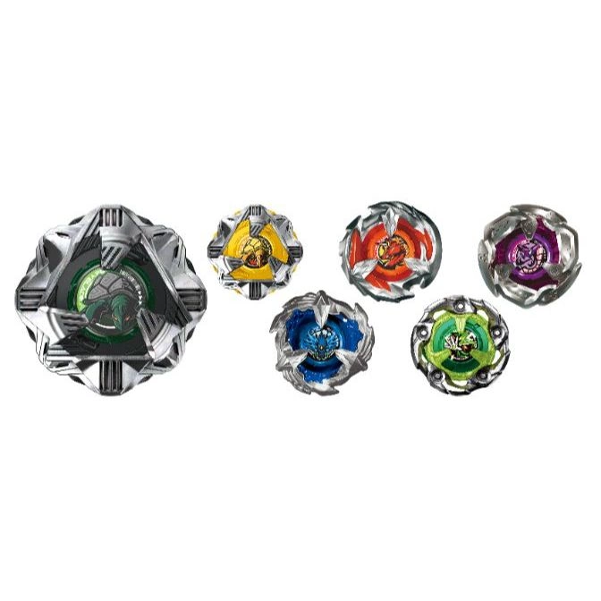 Six Beyblade toys with different colors and designs, including green, yellow, blue, orange, purple, and silver.
