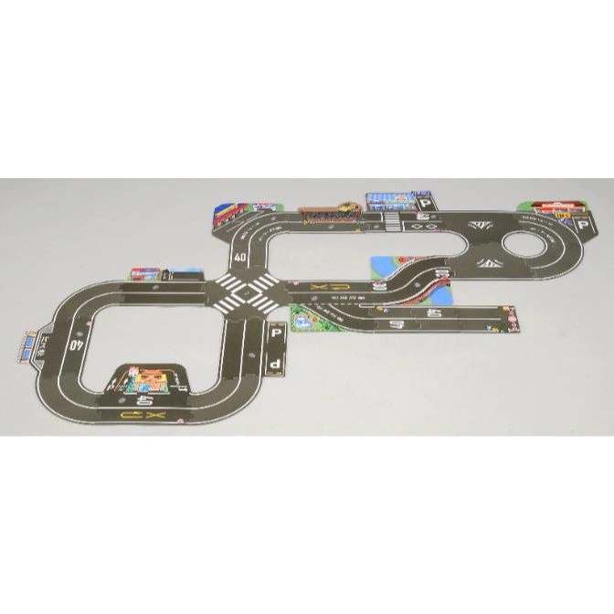  Toy road map with buildings, parking, and speed limits. Features a river, pond, and various shops.