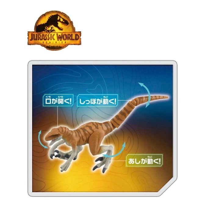  Jurassic World Dominion raptor toy with moving mouth, tail, and legs.