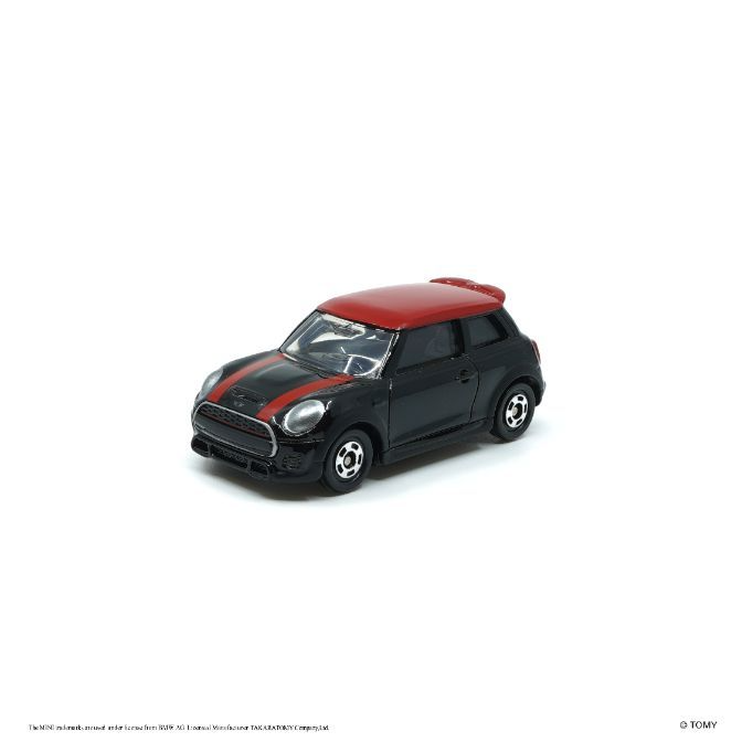  Black and red toy Mini Cooper with racing stripe.