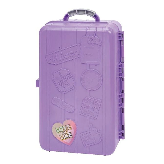  Purple Licca-chan doll suitcase with stickers, handle on top.