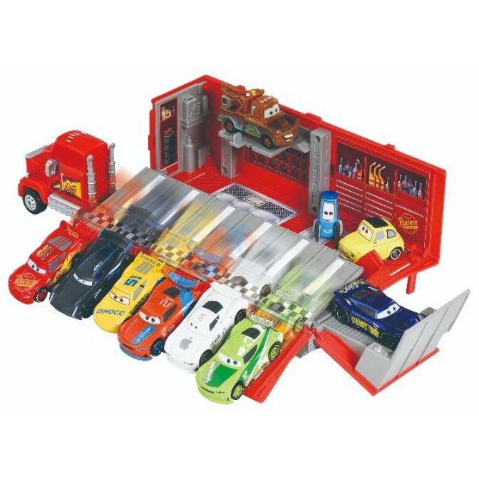  Cars playset with Lightning McQueen, Mater, and other characters lined up for a race.