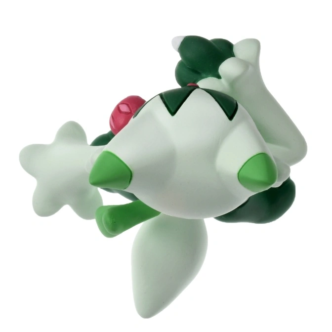  Bayleef toy figure with green and white coloring, and a red bud on its head.