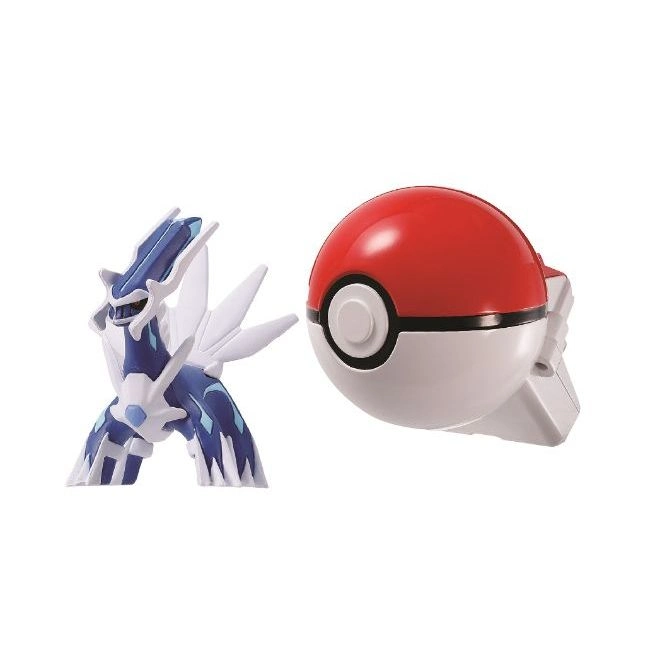 Dialga figure next to a red and white Poké Ball toy.