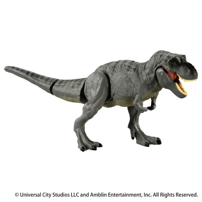  Grey Tyrannosaurus Rex toy with articulated tail and jaw open, revealing teeth.