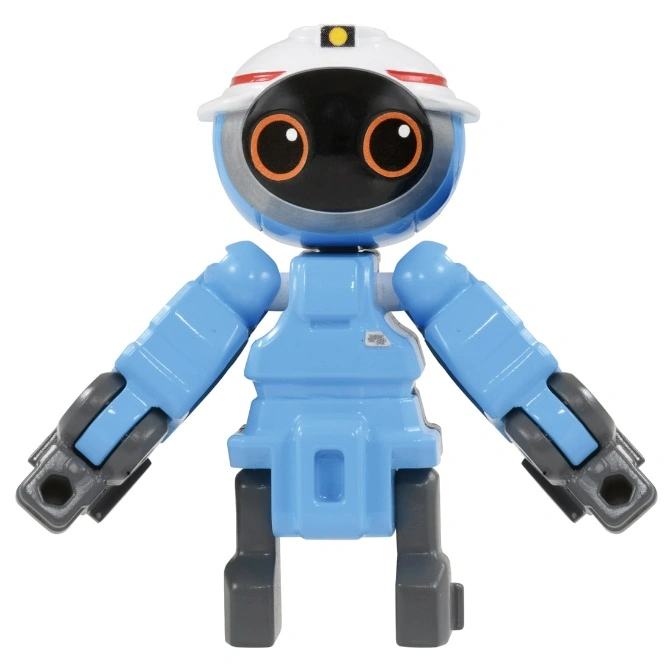  Blue robot toy with a white helmet, black face, and orange eyes.