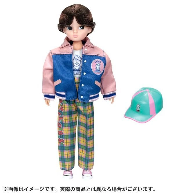  Licca-chan doll in pink and blue jacket, plaid pants, and matching cap.