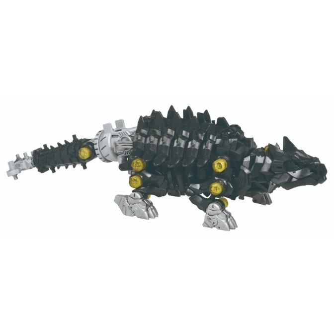  Black and silver mechanical ankylosaurus toy with yellow accents.