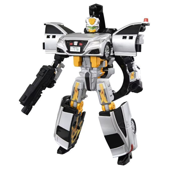  Transformer toy robot with car parts, silver and black, holding a gun.