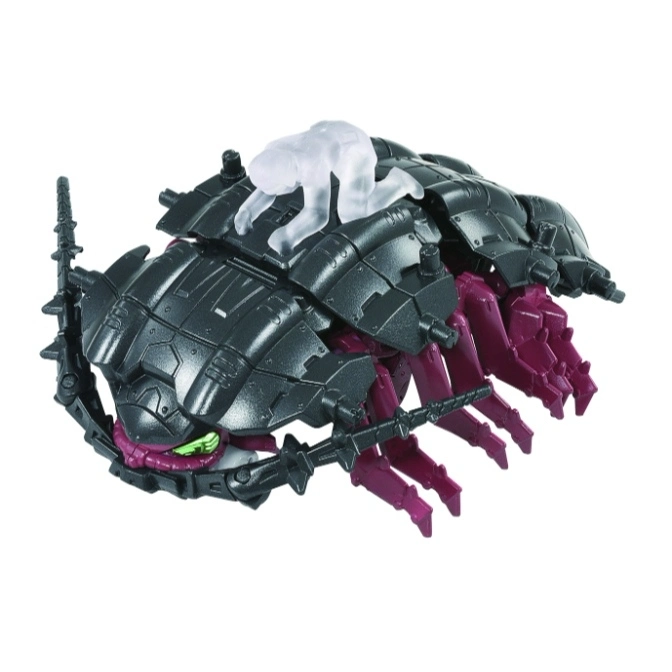  Dark grey beetle-like toy with purple legs and a translucent figure on top.