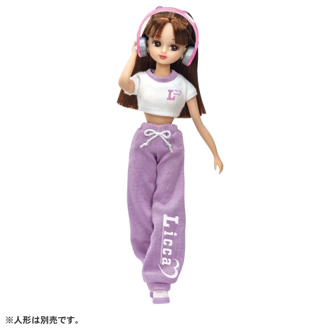  Licca-chan doll with headphones, crop top, and purple sweatpants.