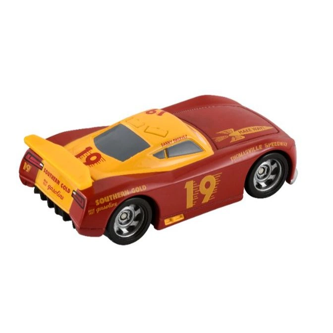  Red and yellow toy race car with number 19 and sponsor logos.
