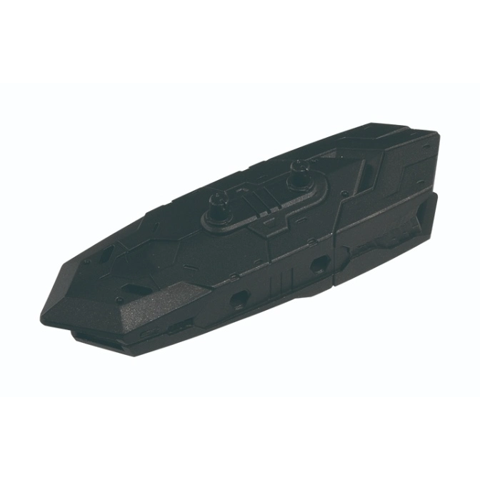  Black toy spaceship with angular design and protruding details.