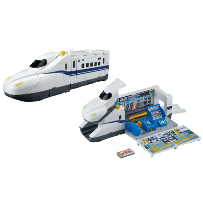 Toy bullet train with opening control center and separate train car.