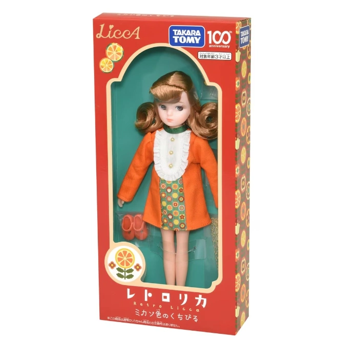  Retro Licca doll in orange dress with matching shoes, packaged in a citrus-themed box.