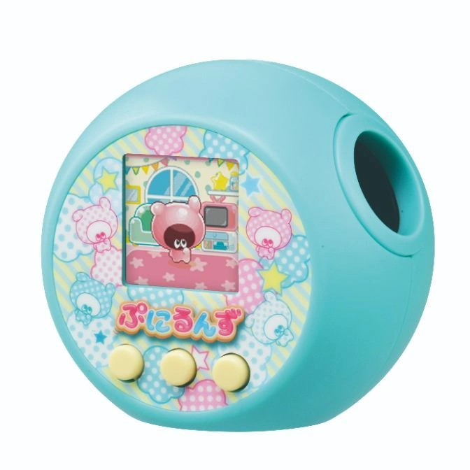 Teal virtual pet toy with screen showing a cartoon pig in a room.