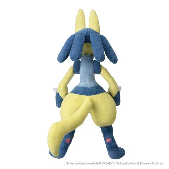  Lucario plush toy with blue and yellow fur, standing upright.