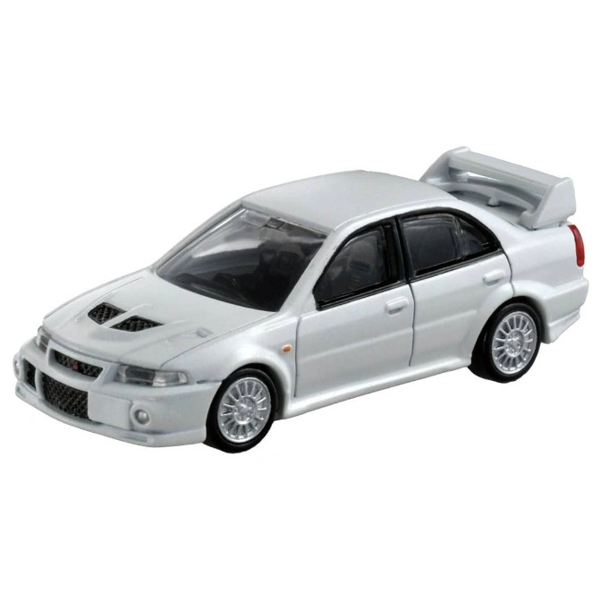 Silver toy Mitsubishi Lancer Evolution with spoiler.