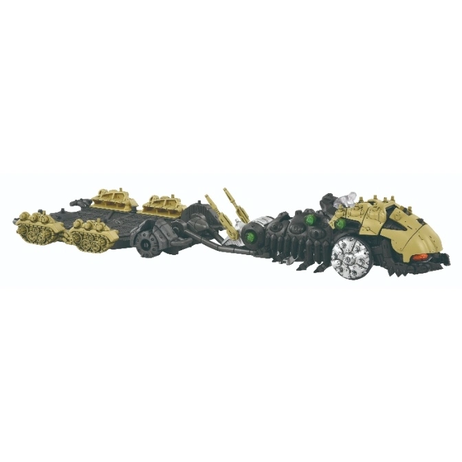 Armored scorpion-like toy vehicle with tanks on its back, featuring a tan and black color scheme.
