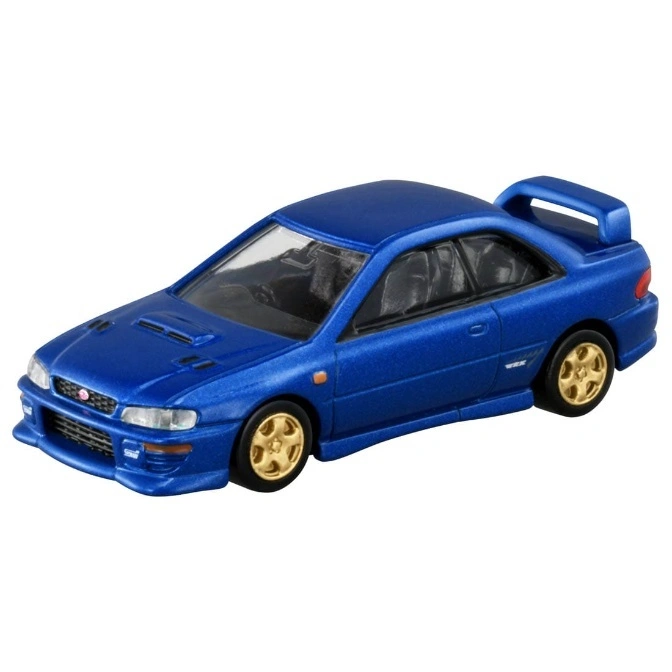 Blue Subaru Impreza WRX toy car with gold wheels and rear spoiler.